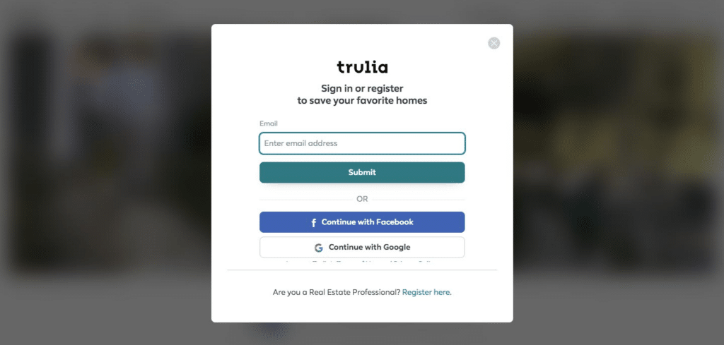 User registration and authentication functionality on the trulia.com website