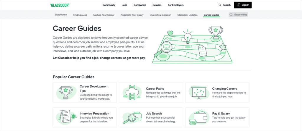 How to create a job search website like Glassdoor: career guides screen