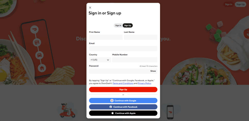 Bulding a website like DoorDash: user registration feature screenshot