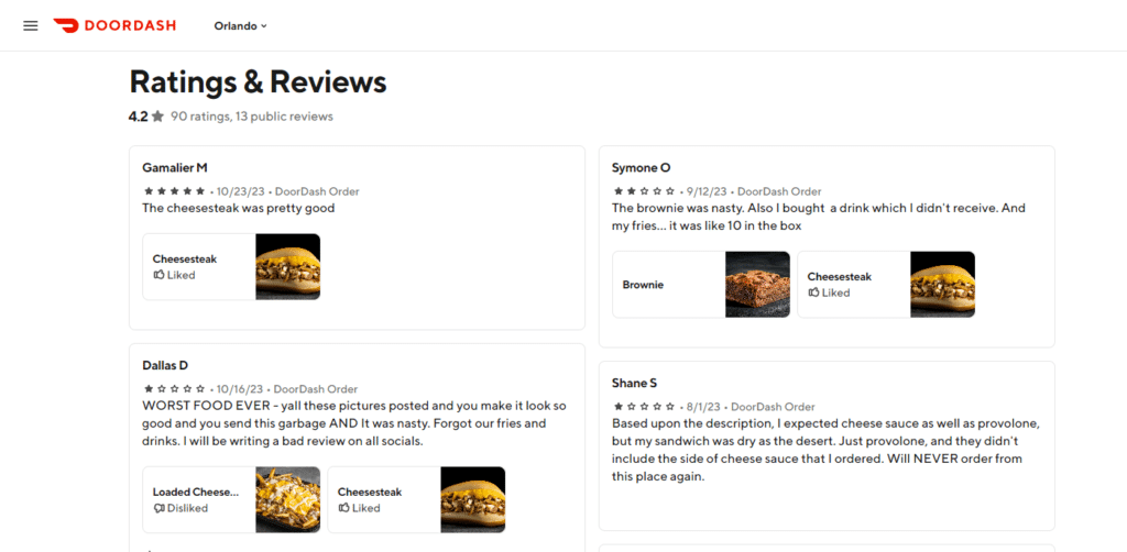 Reviews screenshot on delivery website like DoorDash