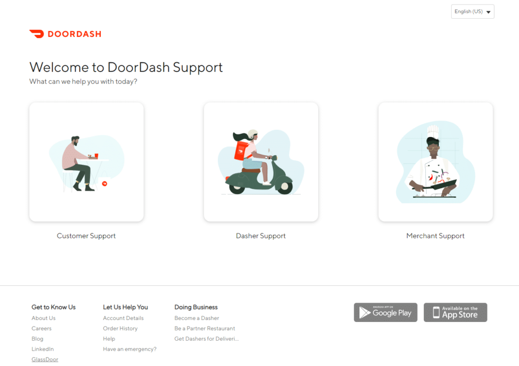 Customer support feature in a website like DoorDash