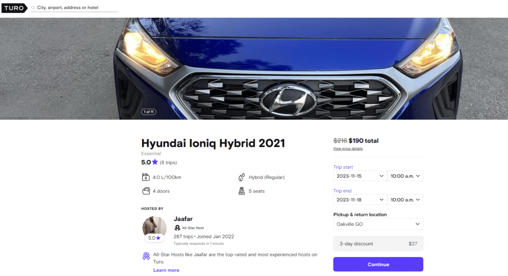 Booking system of Turo website