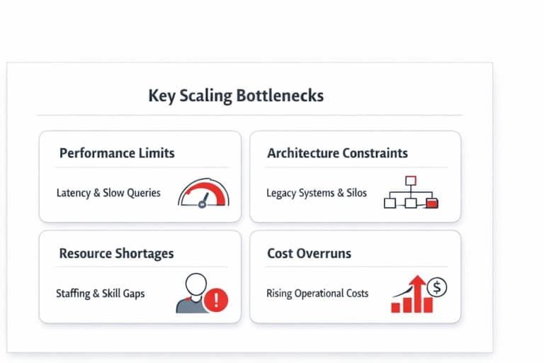 Four primary Bolt.ai MVP scaling bottlenecks: token cost spikes, code maintainability issues, vendor lock-in risks, and performance limitations under real user load.