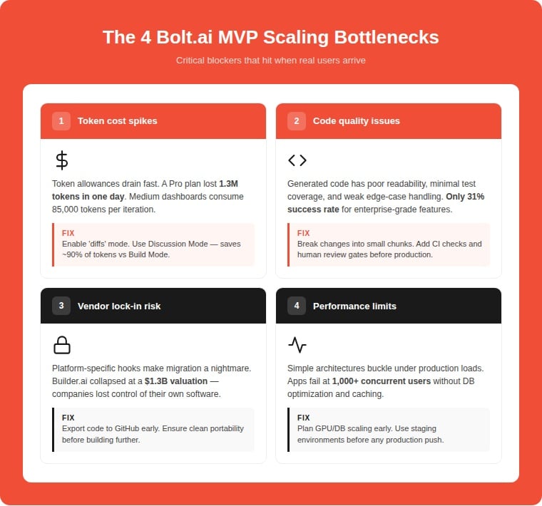 Infographic showing the 4 Bolt.ai MVP scaling bottlenecks: token cost spikes, code quality issues with 31% enterprise success rate, vendor lock-in risk, and performance limits crashing at 1,000+ concurrent users — each with a practical fix