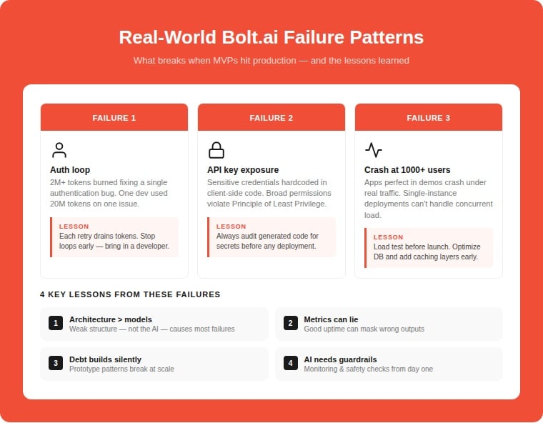 Infographic of real-world Bolt.ai failure patterns: authentication loop burning 2 million tokens, API key exposure in client-side code, and app crashes at 1,000+ users — with 4 key lessons learned