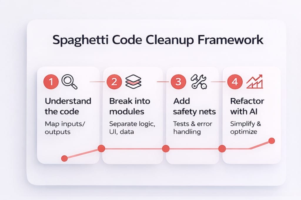 Four-step spaghetti code cleanup framework showing process: understand the code, split into modules, add tests, refactor with AI.