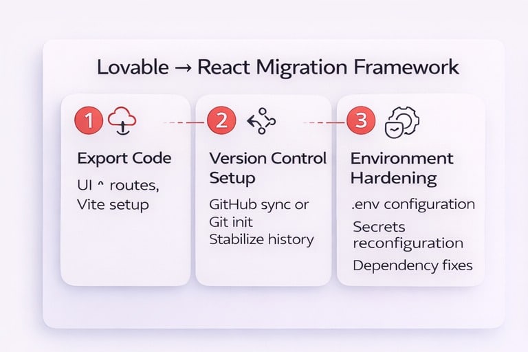 Four-step Lovable to React migration framework showing export, version control setup, environment hardening, and deployment.