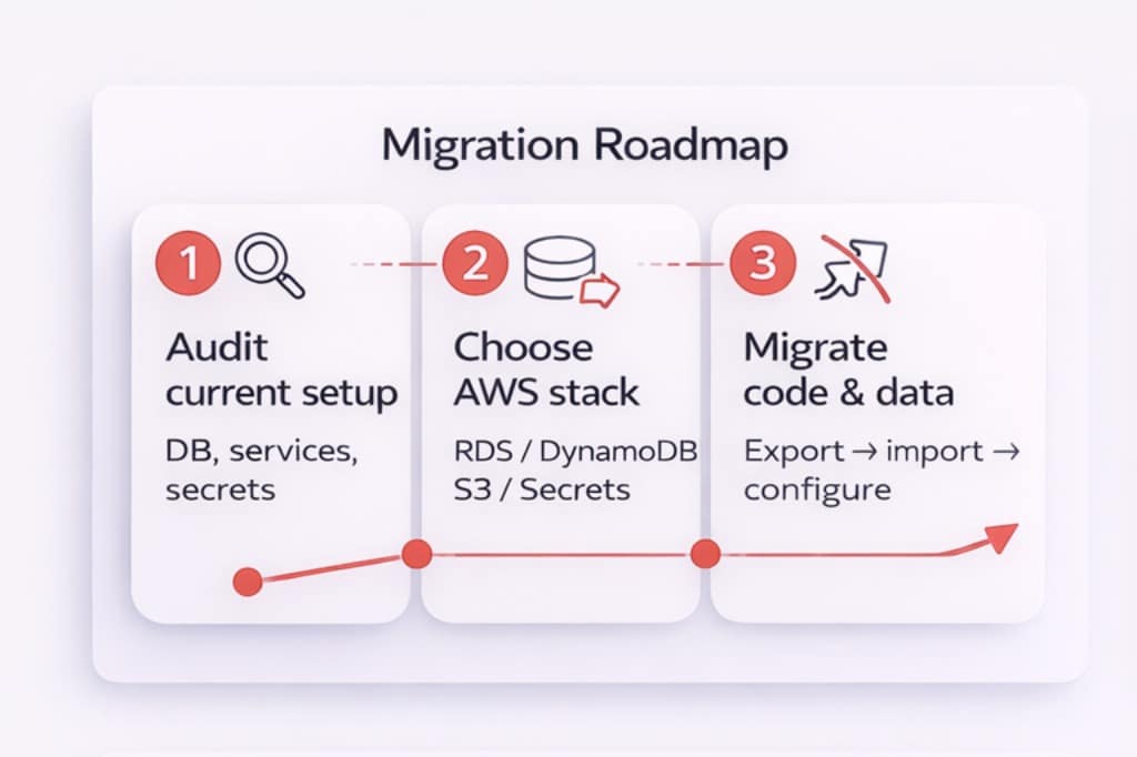 Replit to AWS migration roadmap showing three steps: audit current setup, choose AWS services, migrate code and database.