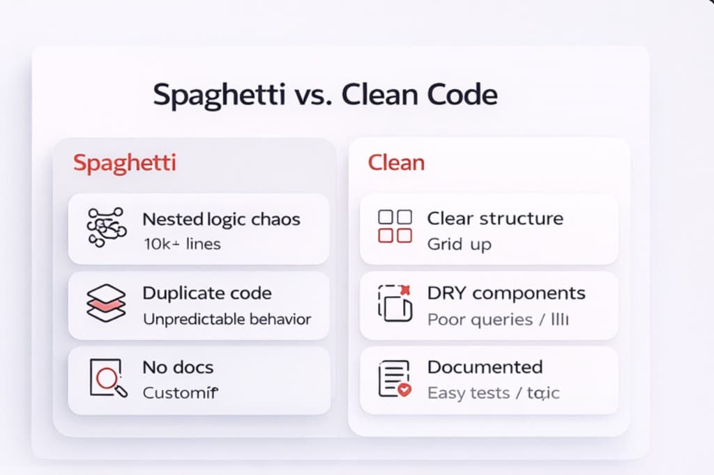 Comparison between spaghetti code and clean code highlighting differences in structure, duplication, documentation, testing, and maintainability.