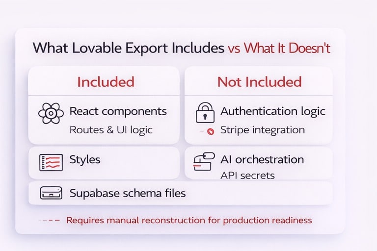 Comparison diagram showing what Lovable export includes (React components, routes, styles, schema files) and what must be rebuilt manually.