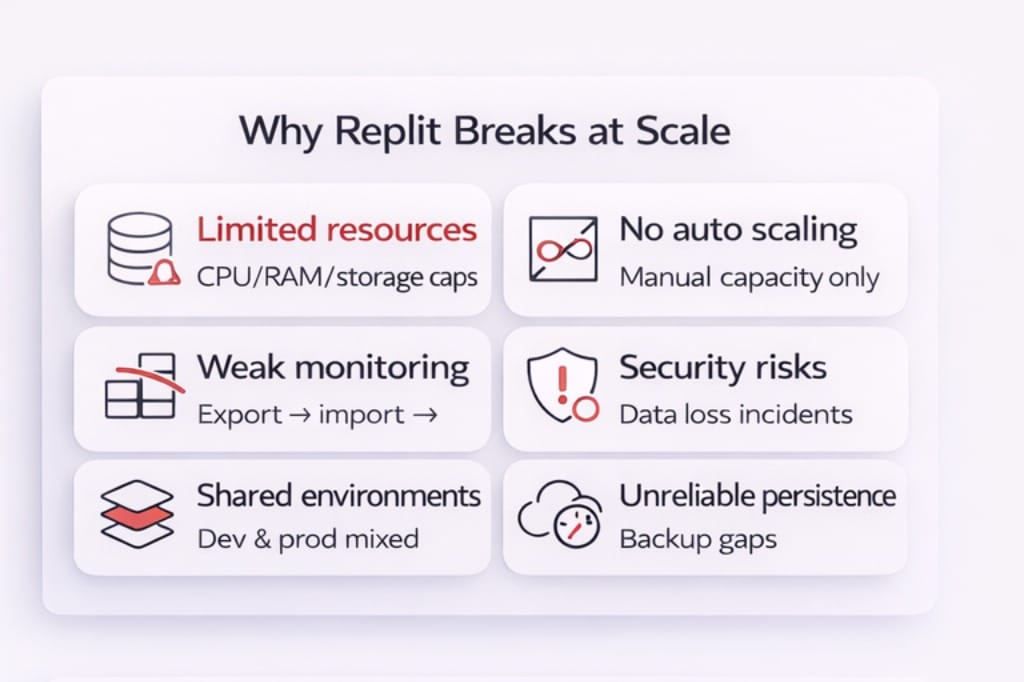Production limitations of Replit including limited resources, no auto scaling, weak monitoring, shared environments, and security risks.