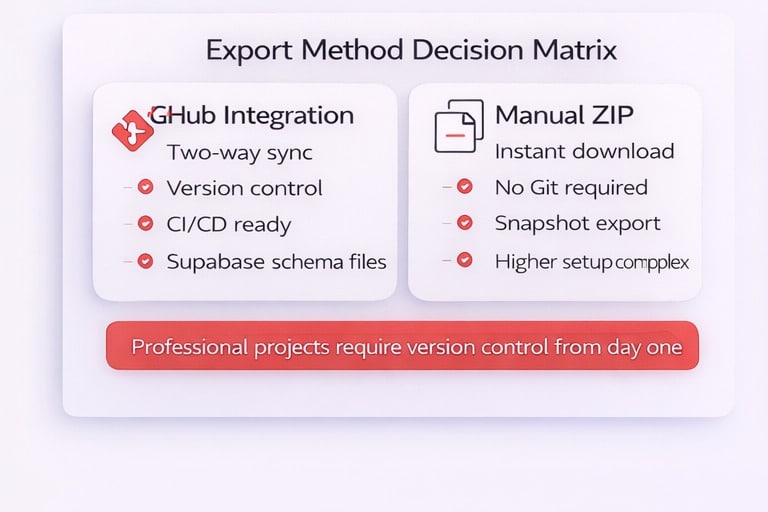 Decision matrix comparing GitHub integration and manual ZIP export for Lovable to React migration.