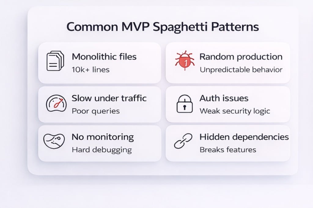 Grid of common MVP spaghetti code problems including monolithic files, random bugs, slow performance, authentication issues, lack of monitoring, and hidden dependencies.