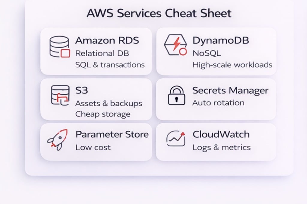 AWS services overview cards showing RDS, DynamoDB, S3, Secrets Manager, Parameter Store, and CloudWatch for scalable app architecture.