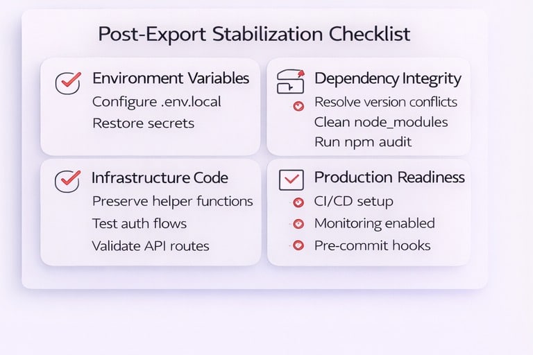 Post-export React stabilization checklist covering environment variables, dependency fixes, infrastructure validation, and production readiness.