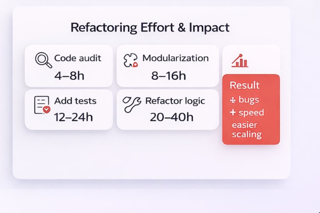 Refactoring effort estimation cards showing hours for audit, modularization, testing, and refactoring with impact on speed, stability, and scalability.”