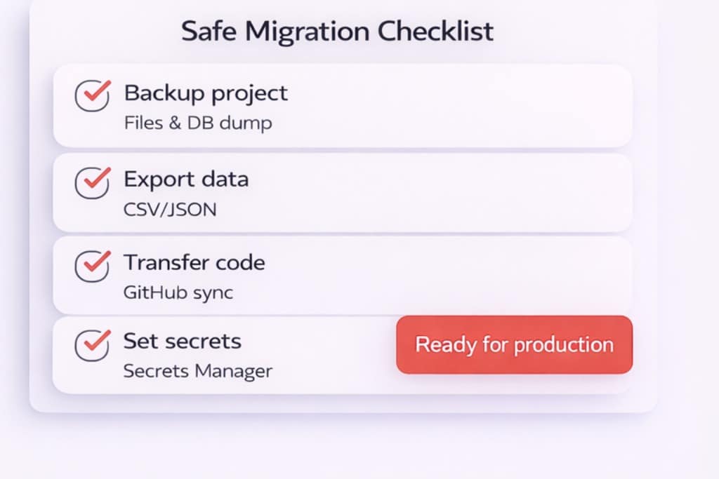 Pre-migration checklist with tasks: backup project, export database, transfer code, configure secrets, ready for production.