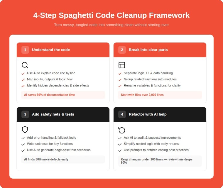 4-step spaghetti code cleanup framework infographic: Step 1 understand the code with AI saving 59% documentation time, Step 2 break into clear modules starting with files over 2000 lines, Step 3 add safety nets and tests with AI finding 30% more defects, Step 4 refactor with AI keeping changes under 200 lines to reduce review time by 60%