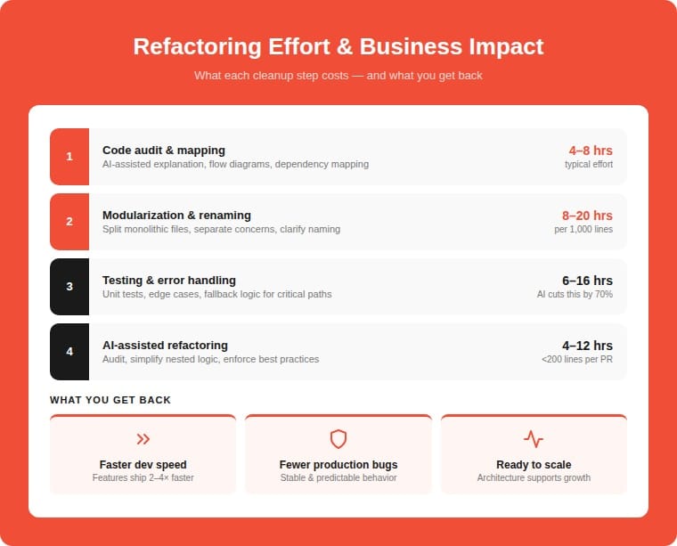 Refactoring effort and business impact infographic showing time estimates for each cleanup step: code audit 4 to 8 hours, modularization 8 to 20 hours per 1000 lines, testing 6 to 16 hours reduced 70% with AI, refactoring 4 to 12 hours — delivering faster development speed, fewer production bugs, and scalable architecture
