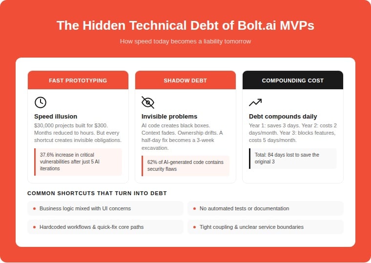 Infographic explaining the hidden technical debt of Bolt.ai MVPs across three dimensions: speed illusion where 30000 dollar projects built for 300 dollars create a 37.6% increase in critical vulnerabilities after 5 AI iterations, shadow debt where AI creates black boxes with 62% of code containing security flaws, and compounding cost where saving 3 days in year one leads to 84 days lost by year three — plus 4 common shortcuts that become debt